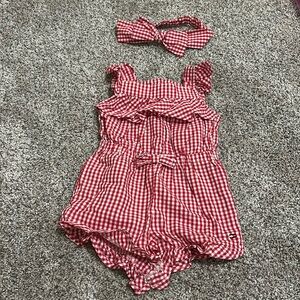 Preowned Tommy Hilfiger red gingham romper size 0-3 months with headband